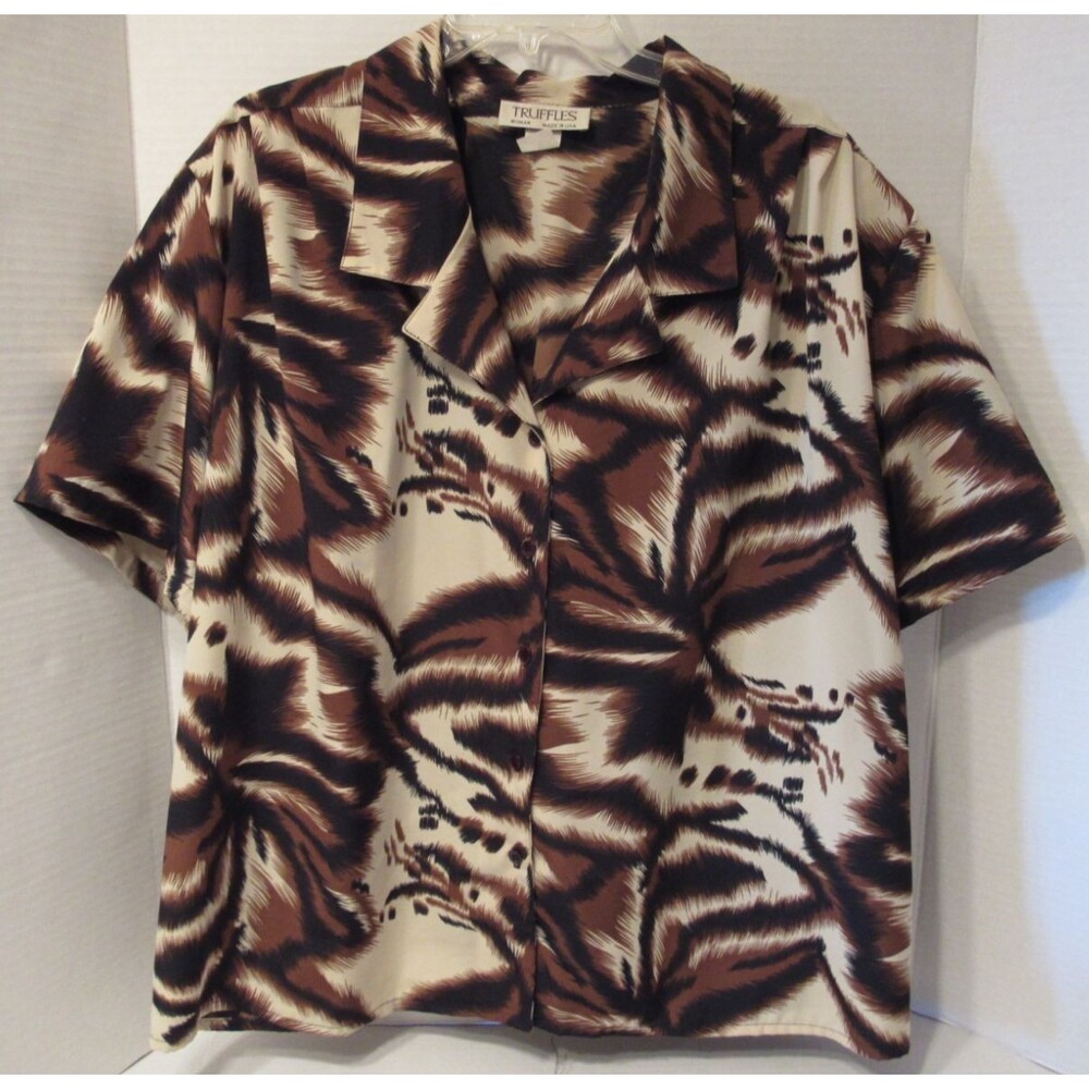 Truffles Woman Black/Brown Animal Print Short Sleeve Button Up Blouse Size 3X